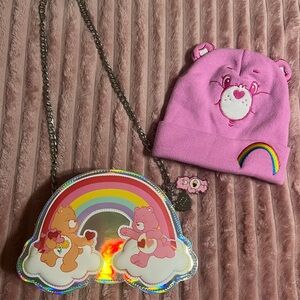 Care Bears Pink Beanie and Rainbow Bag Set